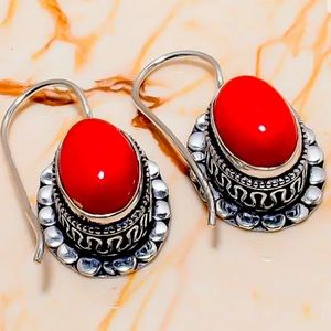 Italian Red Coral & 9.25 Sterling Silver Earrings 1 1/2”